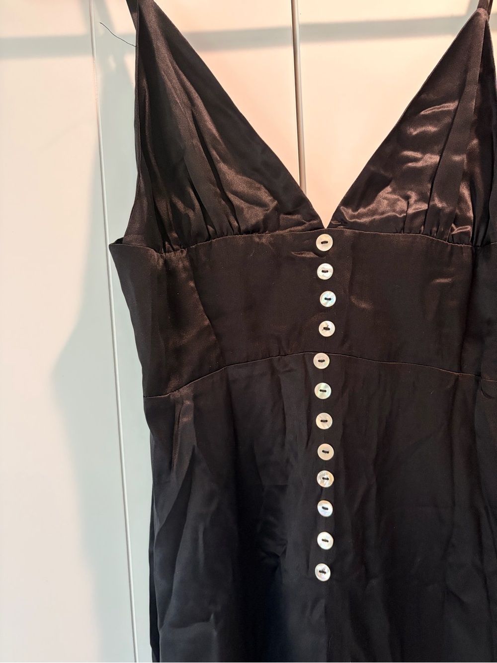 Reformation Black Satin Button-Front Slip Dress